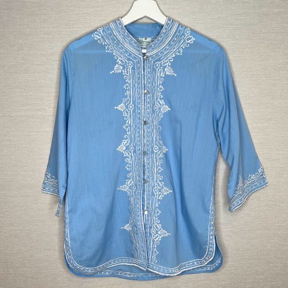 Caro of Honolulu Vintage 80s Cotton Embroidered Kimono Tunic -12 - Picture 1 of 6